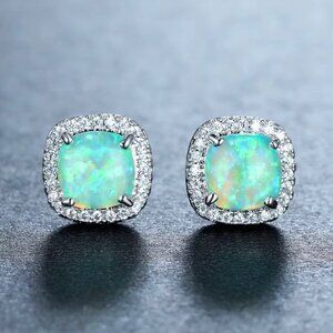 NEW Sterling Silver Blue Opal Diamond Earrings Cushion Cut Stud Earrings